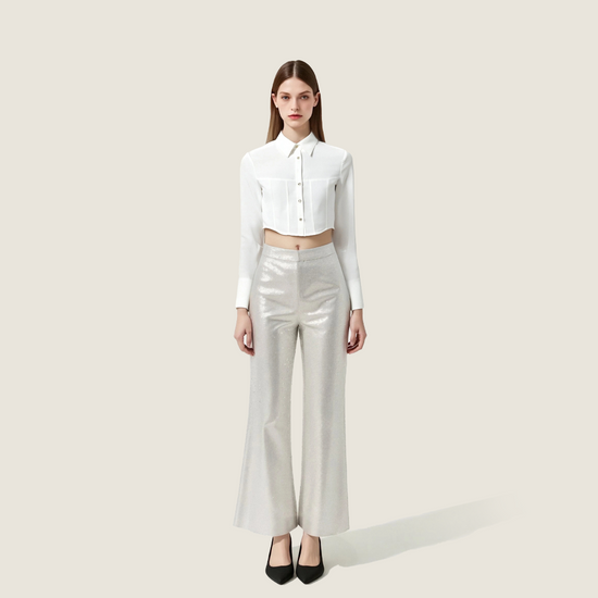 Women's Cropped Button-Down Shirt-Trendy Long Sleeve Collared Corset Top A10011