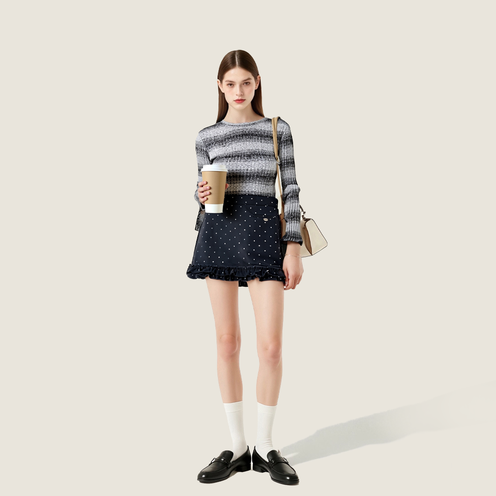 Women's Flower-Trimmed Polka Dot High Waist A Line Mini Skirt A10144