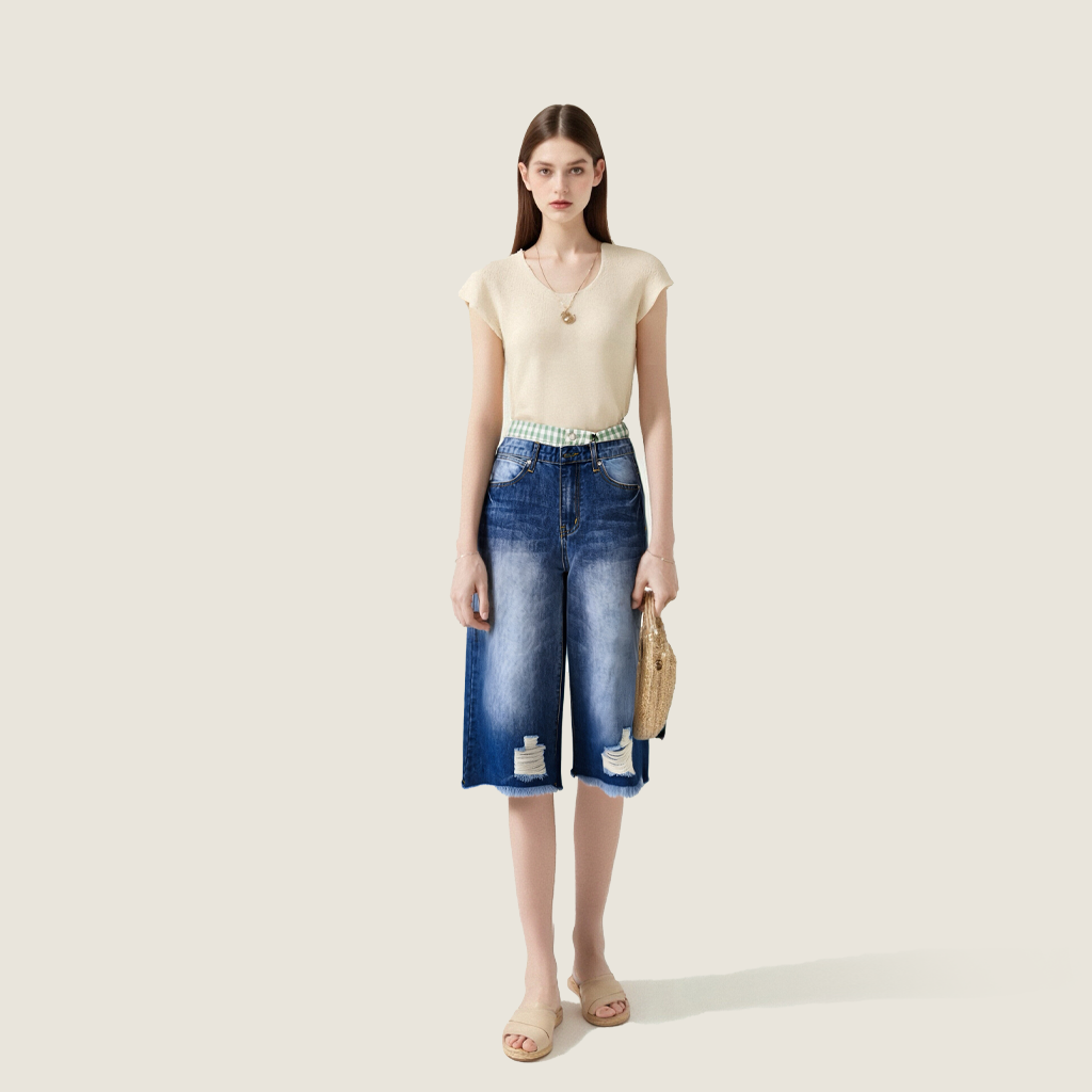 Women's Washed Cropped Pants with Plaid Patchwork Waist Casual Edgy Style A10167