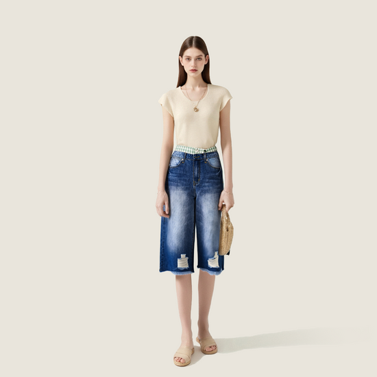 Women's Washed Cropped Pants with Plaid Patchwork Waist Casual Edgy Style A10167