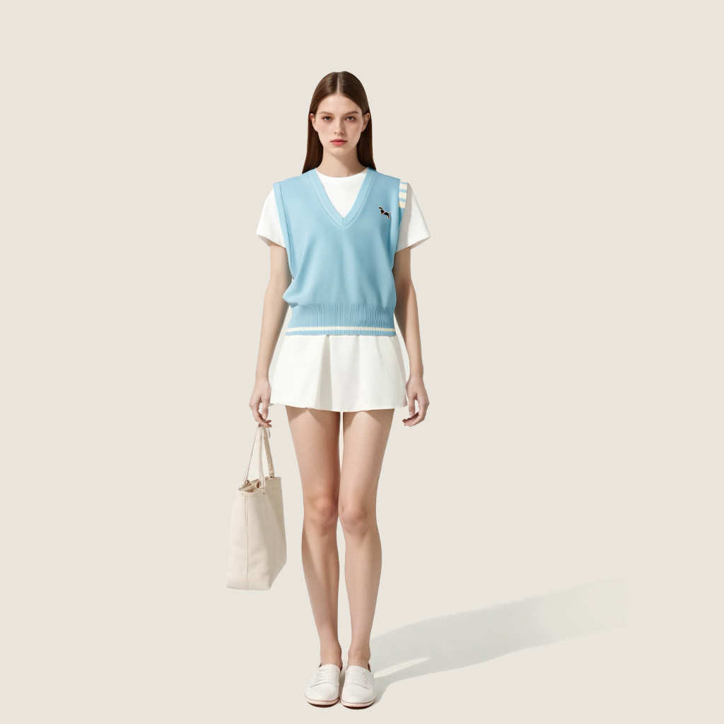 Women's V-Neck Knit Vest with Dog Embroidery-Trendy Sleeveless Preppy Style A10146