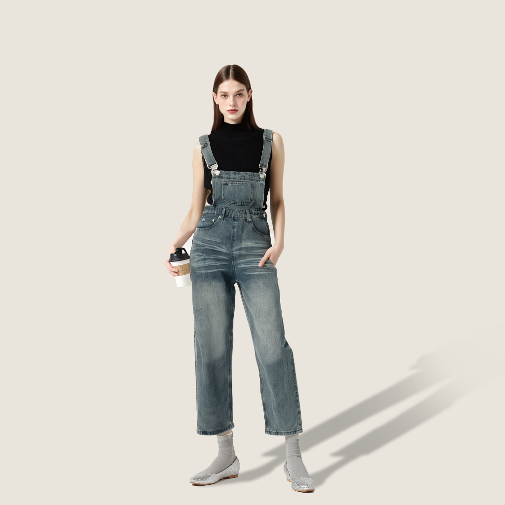 Women's Denim Overalls Adjustable Straps Multi Pocket Baggy Jean Jumpsuit A10087
