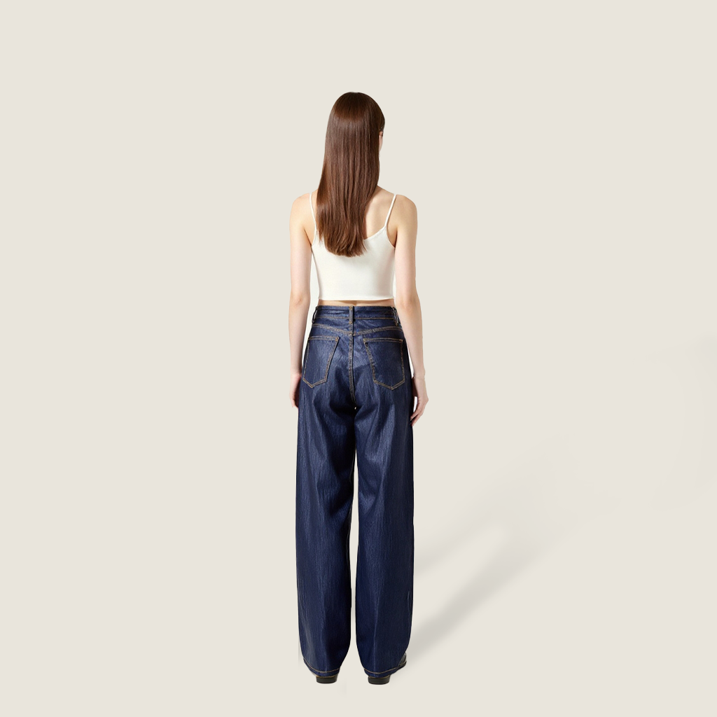 Women's High-Waisted Wide-Leg Denim Pants with Drawstring A10269