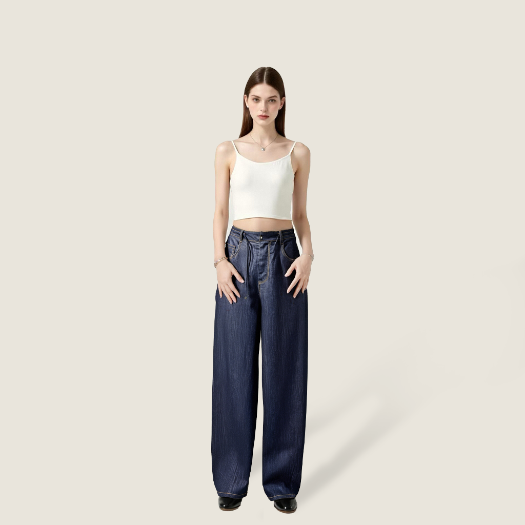 Women's High-Waisted Wide-Leg Denim Pants with Drawstring A10269