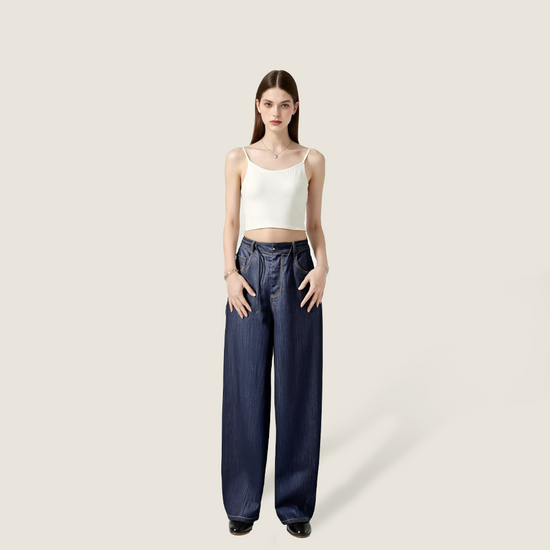 Women's High-Waisted Wide-Leg Denim Pants with Drawstring A10269