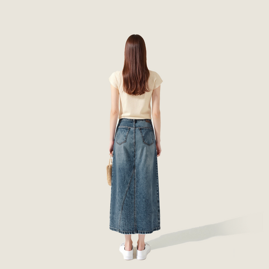 Women's Vintage Wash High-Waisted Denim Maxi Skirt with Side Slit A10259