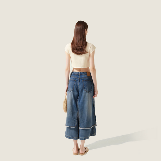 Women's Deconstructed Denim Shorts with Drawstring and Frayed Hem Unique Layered Design A10177
