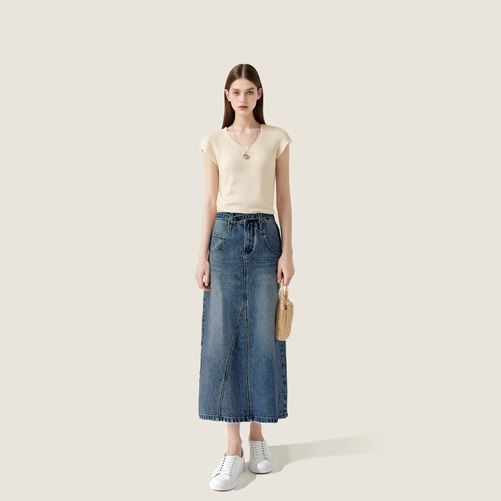 Women's Vintage Wash High-Waisted Denim Maxi Skirt with Side Slit A10259