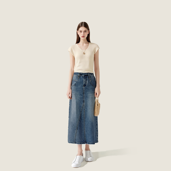 Women's Vintage Wash High-Waisted Denim Maxi Skirt with Side Slit A10259