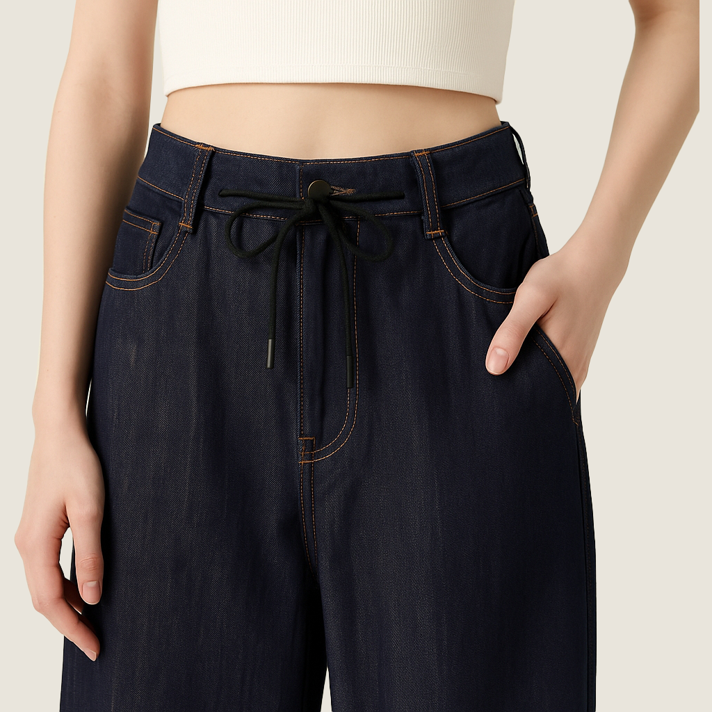 Women's High-Waisted Wide-Leg Denim Pants with Drawstring A10269