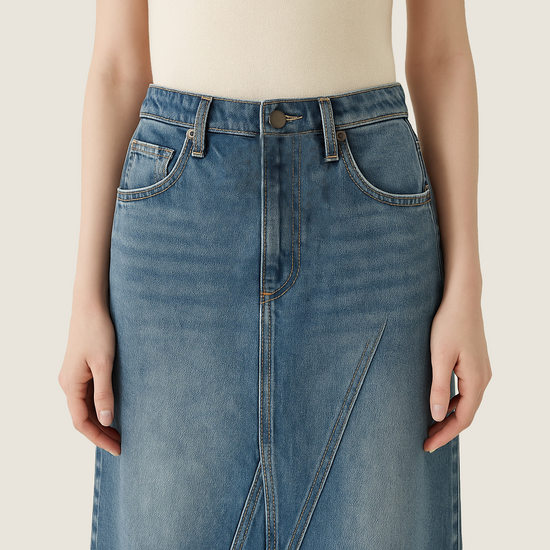 Women's Vintage Wash High-Waisted Denim Maxi Skirt with Side Slit A10259