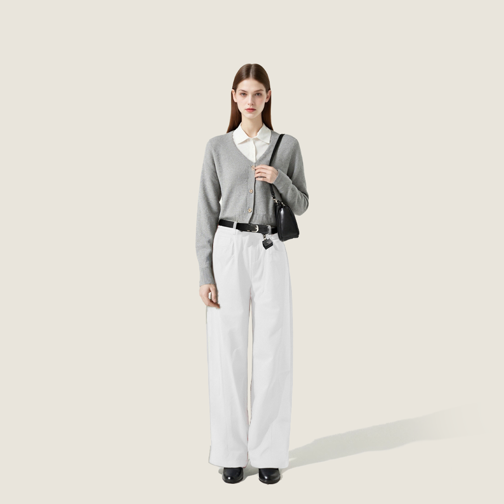 Women's High-Waisted Wide-Leg Pants with Belt and Mini Bag Charm A10183
