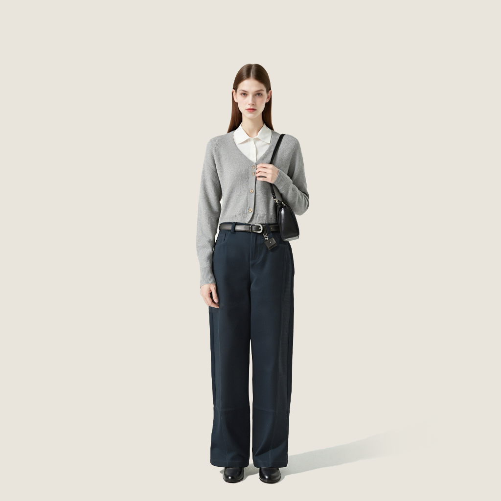 Women's High-Waisted Wide-Leg Pants with Belt and Mini Bag Charm A10183