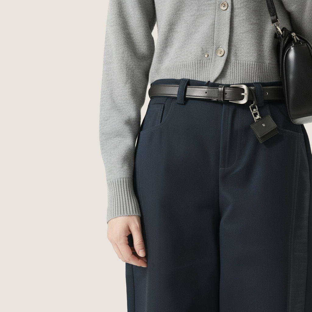 Women's High-Waisted Wide-Leg Pants with Belt and Mini Bag Charm A10183
