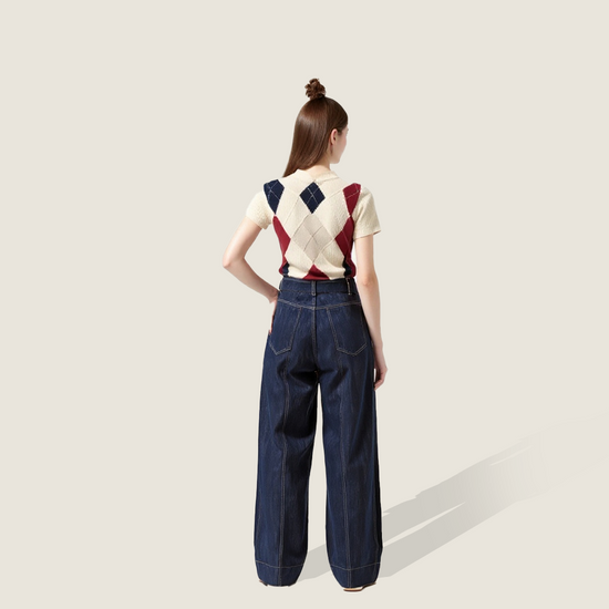 Women's Denim High Waisted Wide-Leg Pants with Belt A10290