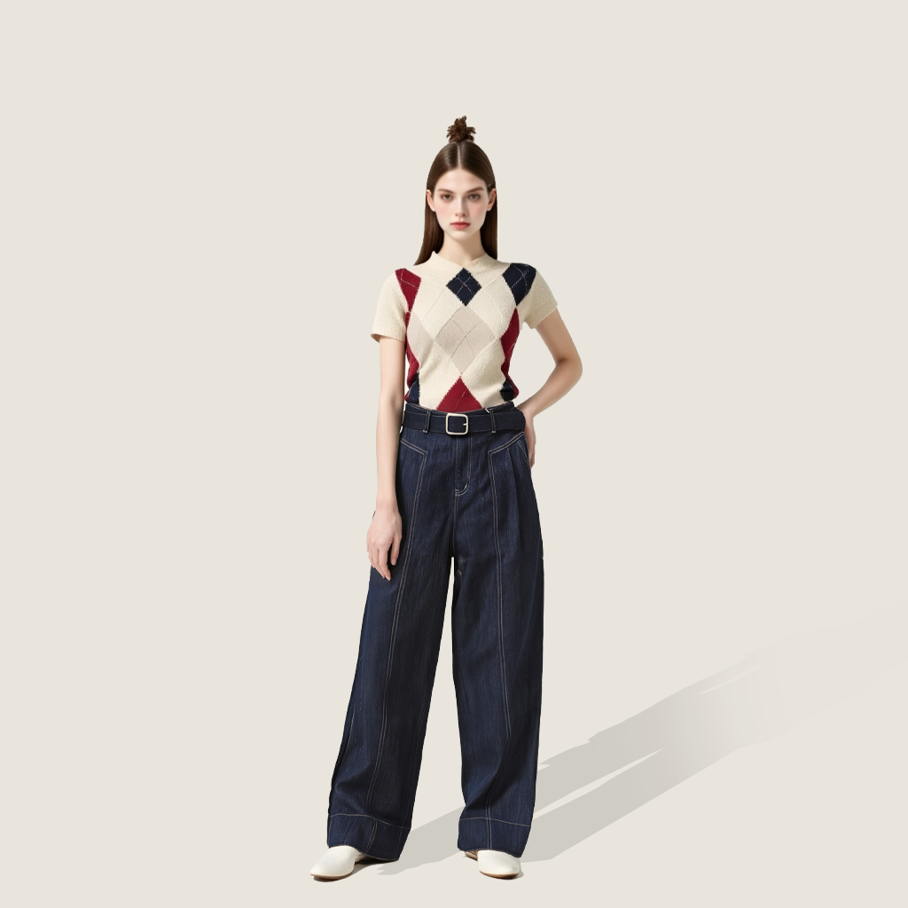 Women's Denim High Waisted Wide-Leg Pants with Belt A10290