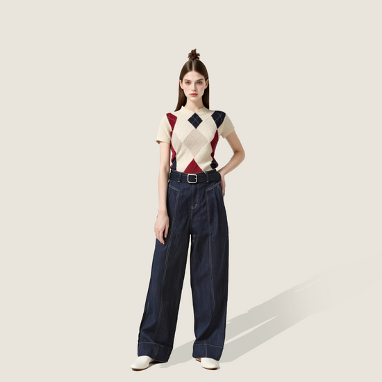 Women's Denim High Waisted Wide-Leg Pants with Belt A10290