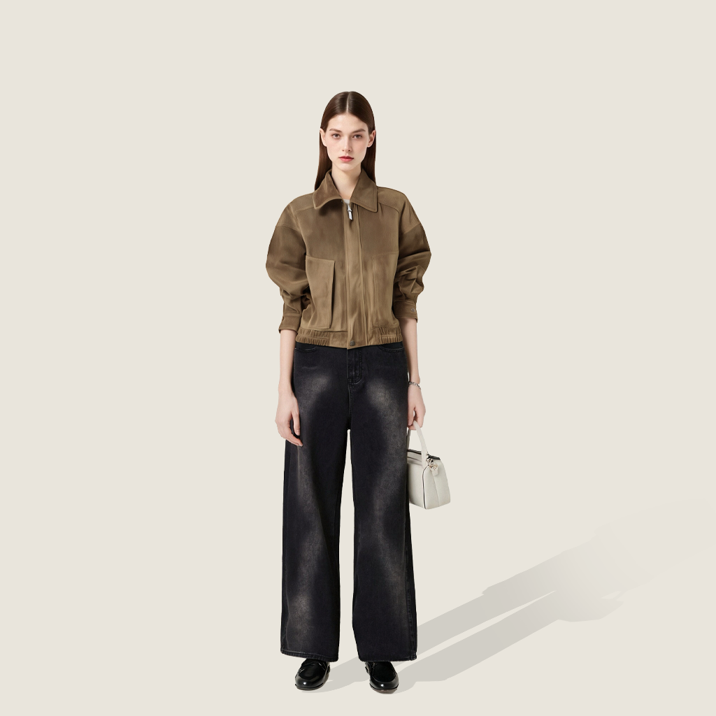 Women's Suede Cropped Jacket-Trendy Button-Up Collared Casual Outerwear A10315