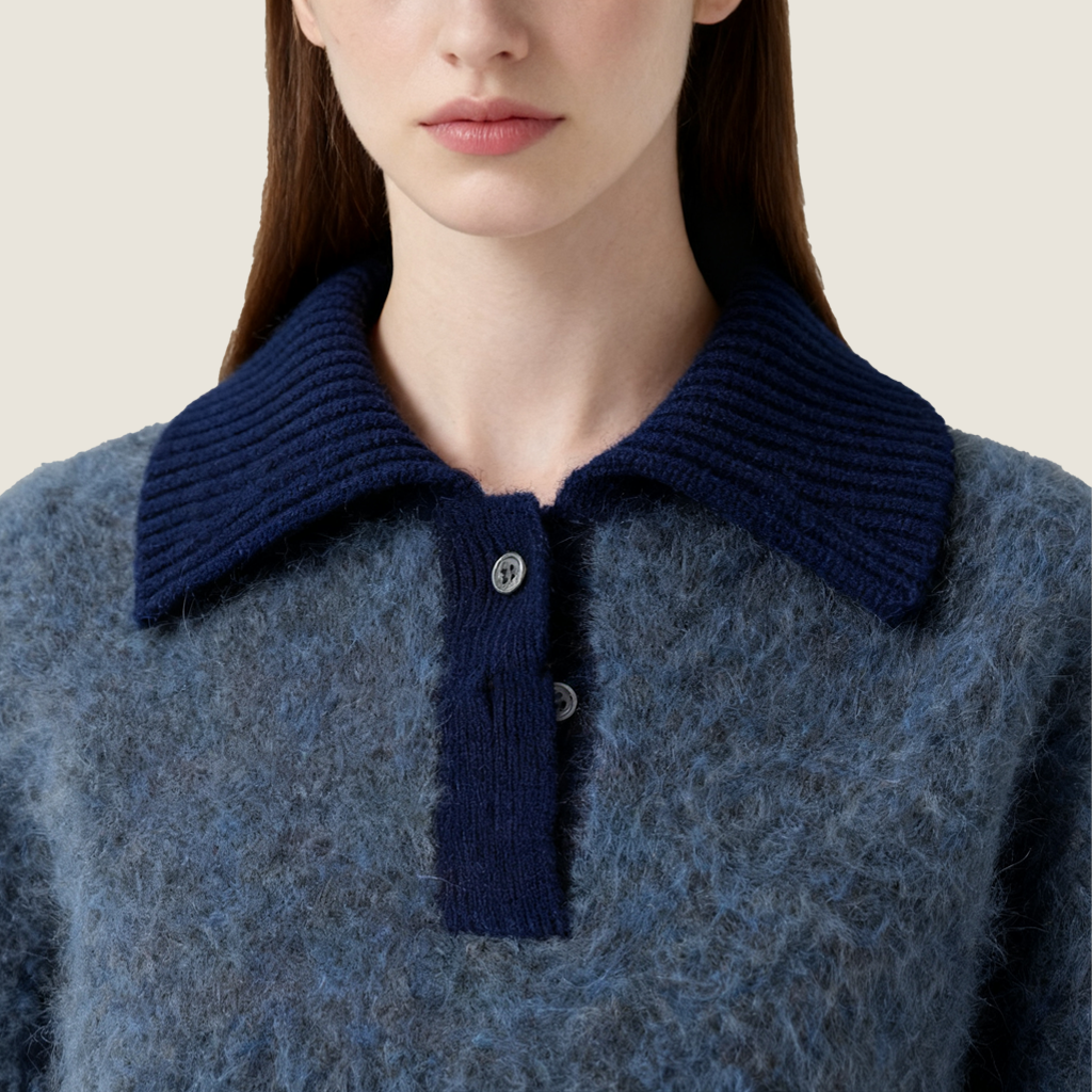 Women's Contrast Collar Button-Front Fuzzy Knit Polo Sweater A10313