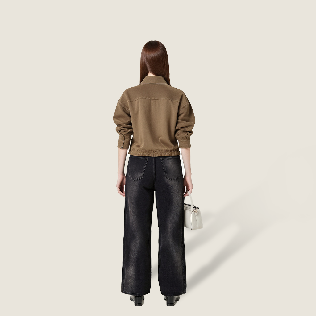 Women's Suede Cropped Jacket-Trendy Button-Up Collared Casual Outerwear A10315