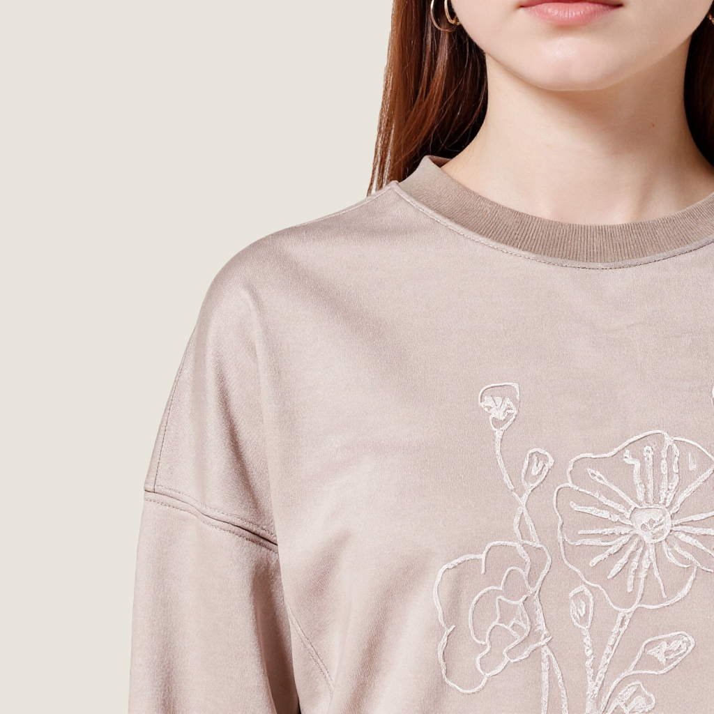 Women's Crew Neck Sweatshirt with Floral Embroidery and Lettering-Trendy Casual Pullover A10209