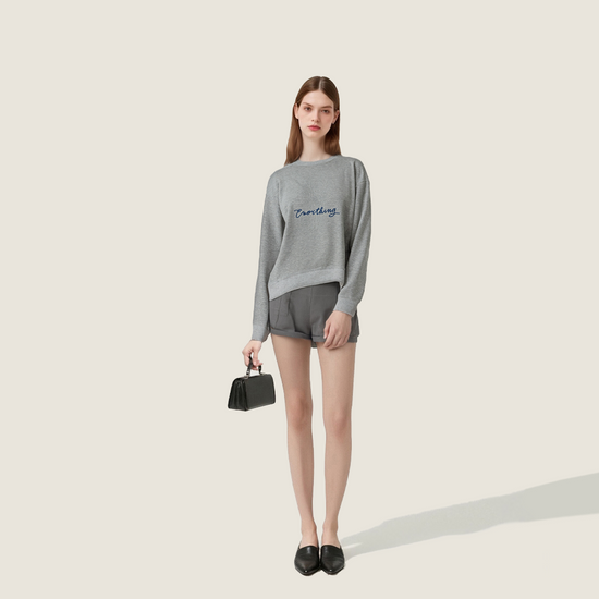 Women's Crew Neck Sweatshirt with Floral Embroidery and Lettering-Trendy Casual Pullover A10209