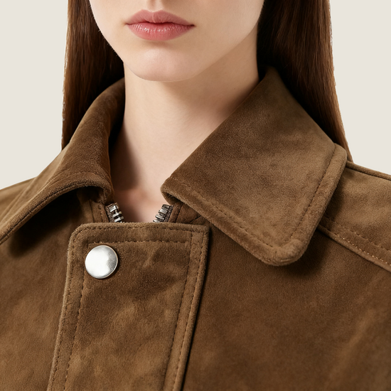 Women's Suede Cropped Jacket-Trendy Button-Up Collared Casual Outerwear A10315