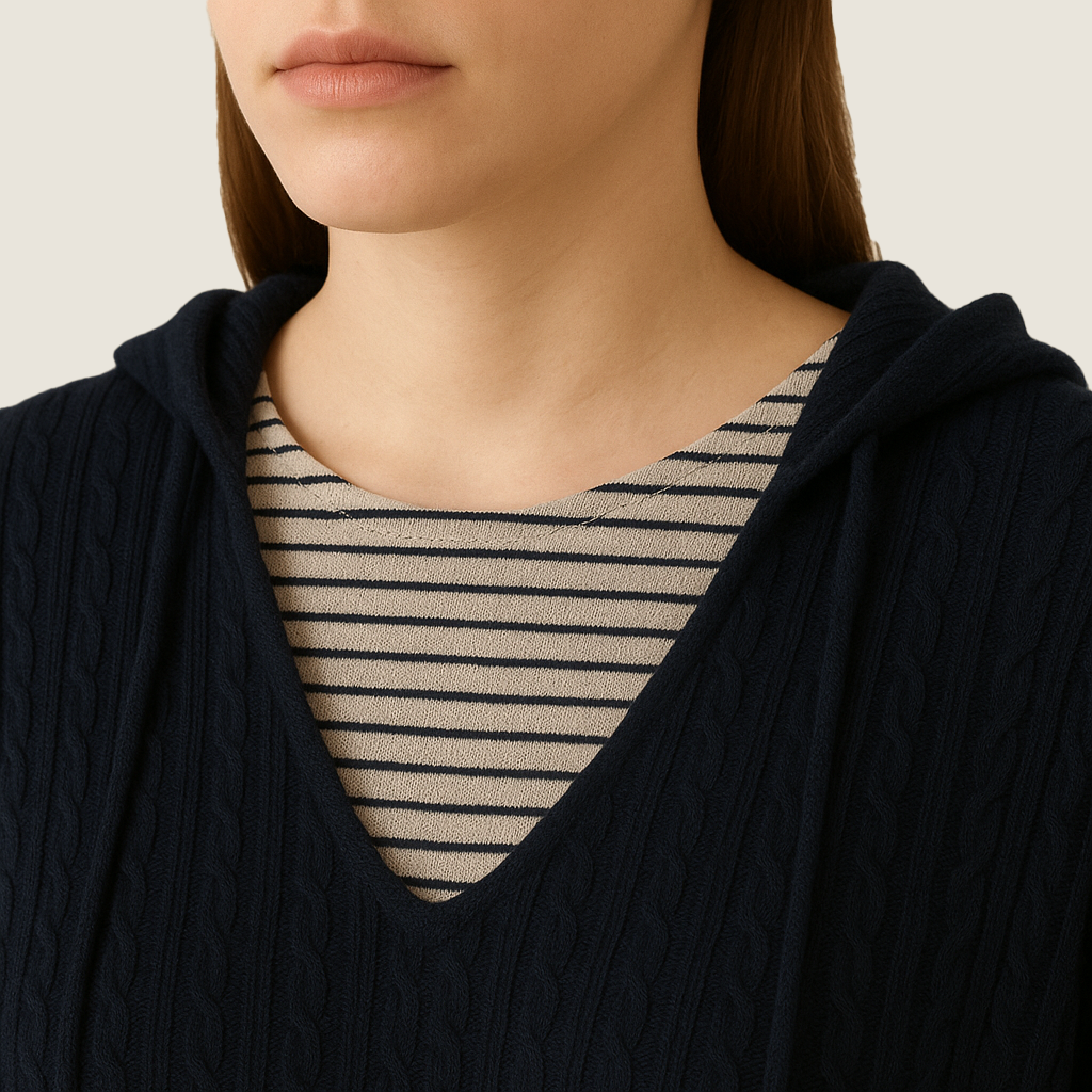 Women's Hooded Cable Knit Fake Two-Piece Striped Inner Layer Pullover A10212