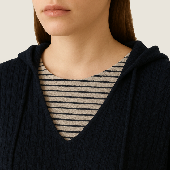 Women's Hooded Cable Knit Fake Two-Piece Striped Inner Layer Pullover A10212