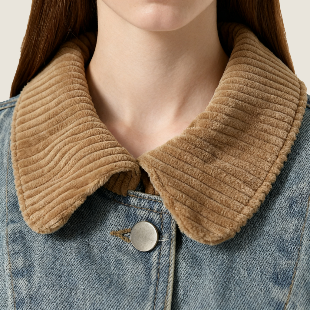 Women's Contrast Stitch Denim Top with Colorblock Collar Trendy Casual Style A10164