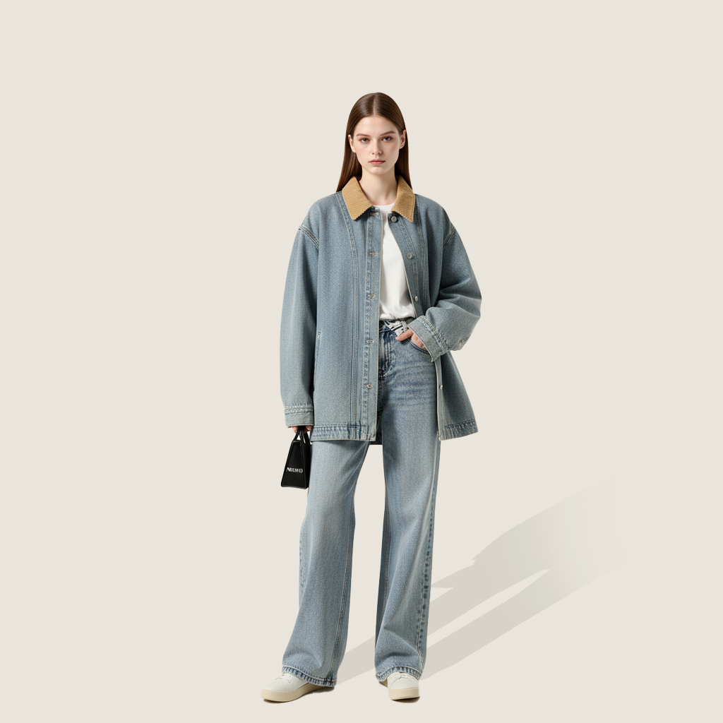 Women's Contrast Stitch Denim Top with Colorblock Collar Trendy Casual Style A10164