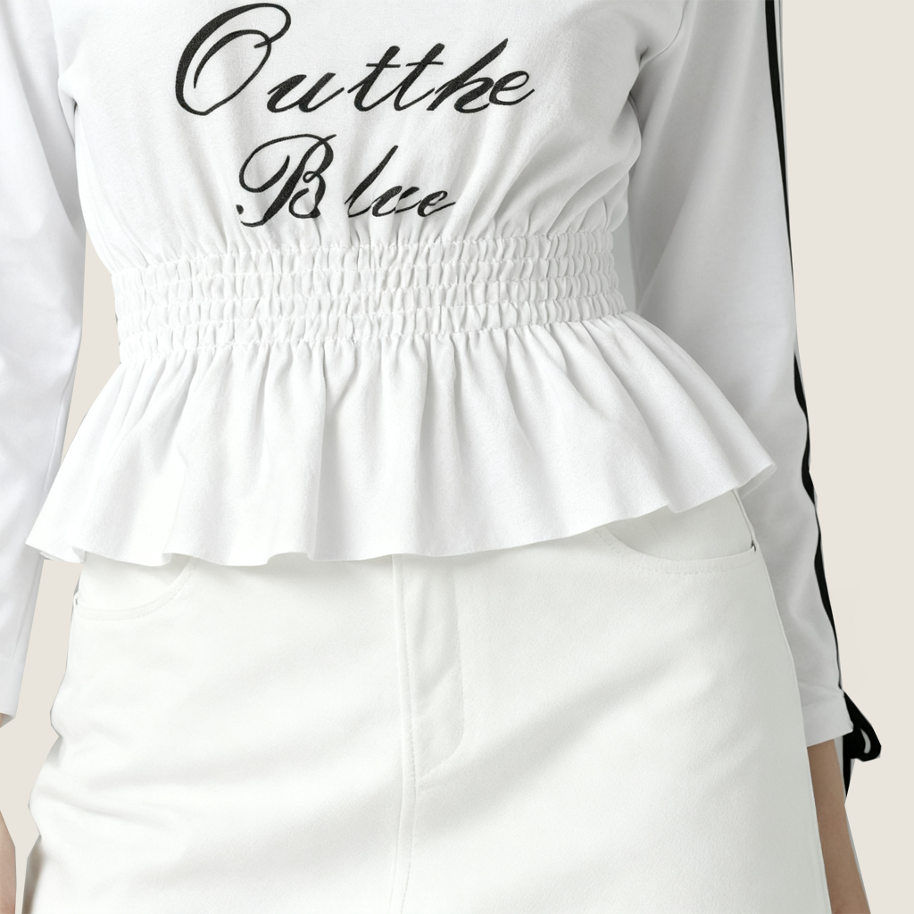 Women's Cropped Peplum Graphic Top with Long Striped Sleeves A10077