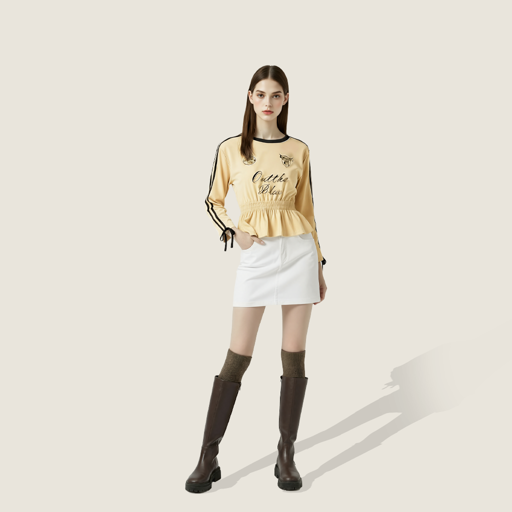Women's Cropped Peplum Graphic Top with Long Striped Sleeves A10077