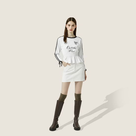 Women's Cropped Peplum Graphic Top with Long Striped Sleeves A10077