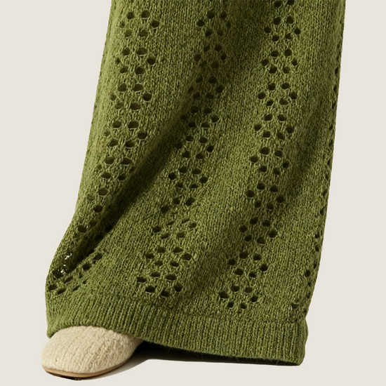 Women's  Soft High-Waisted Knit Wide-Leg Pants with Openwork Details A10309