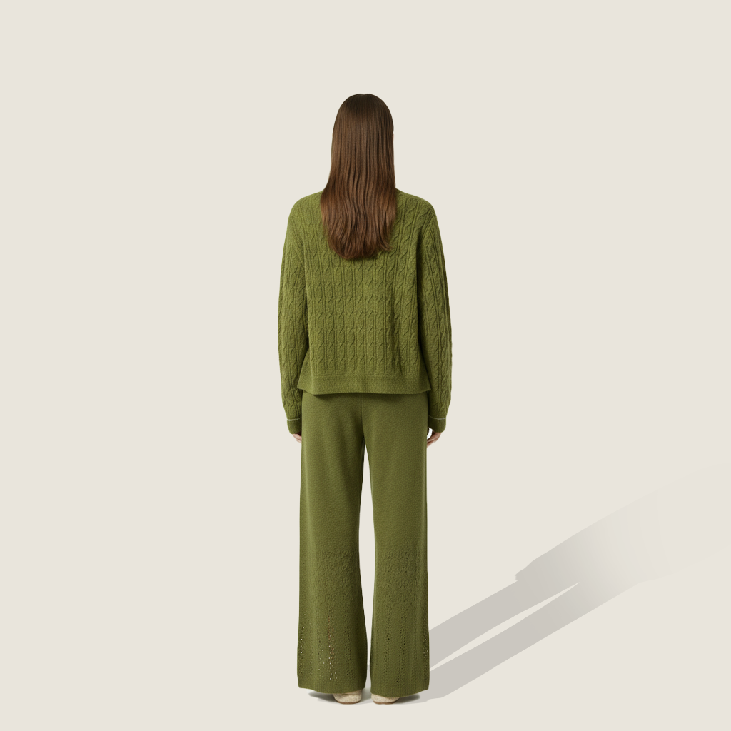 Women's  Soft High-Waisted Knit Wide-Leg Pants with Openwork Details A10309