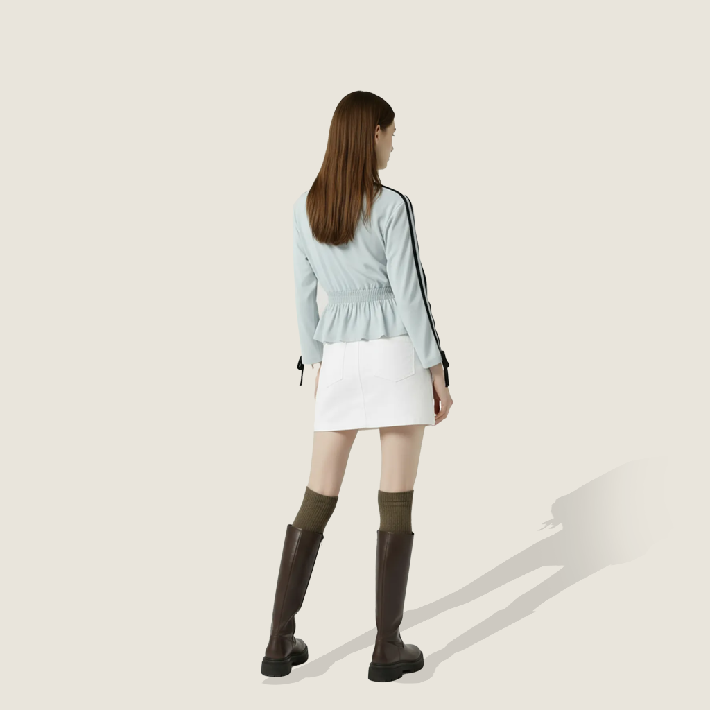 Women's Cropped Peplum Graphic Top with Long Striped Sleeves A10077