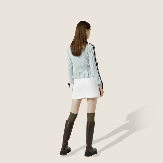 Women's Cropped Peplum Graphic Top with Long Striped Sleeves A10077