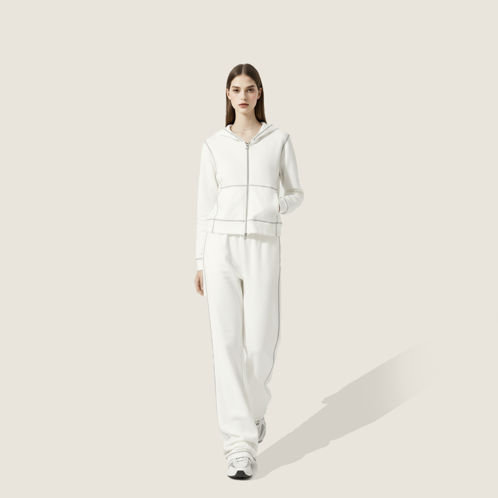 Zip-Up Contrast Stitch Casual Sportswear Two-Piece Set A10223
