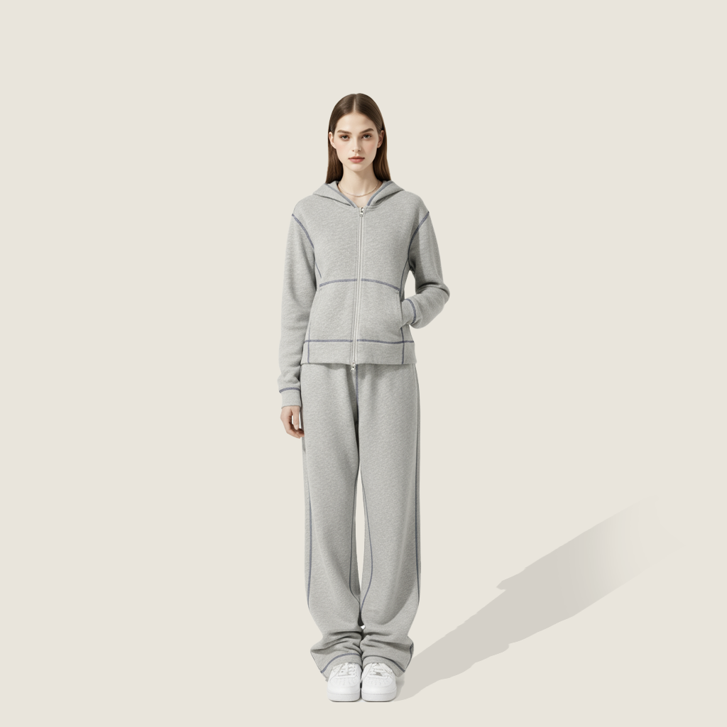 Zip-Up Contrast Stitch Casual Sportswear Two-Piece Set A10223