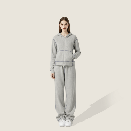 Zip-Up Contrast Stitch Casual Sportswear Two-Piece Set A10223