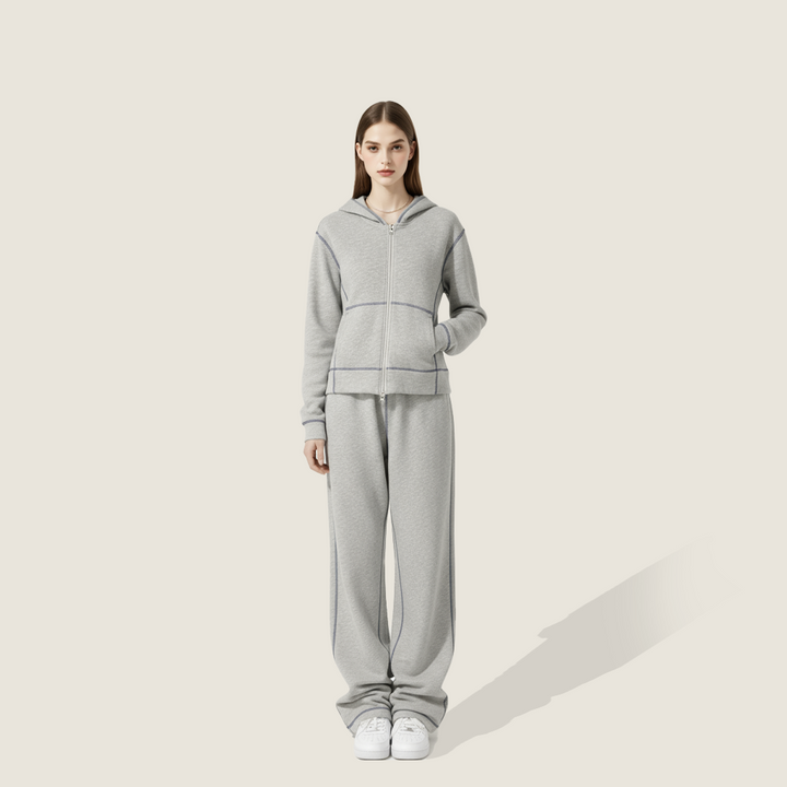 Zip-Up Contrast Stitch Casual Sportswear Two-Piece Set A10223