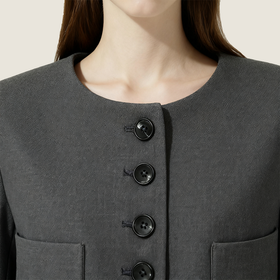 Women's Plain Button-Front Collarless Cropped Blazer with Pockets A10270