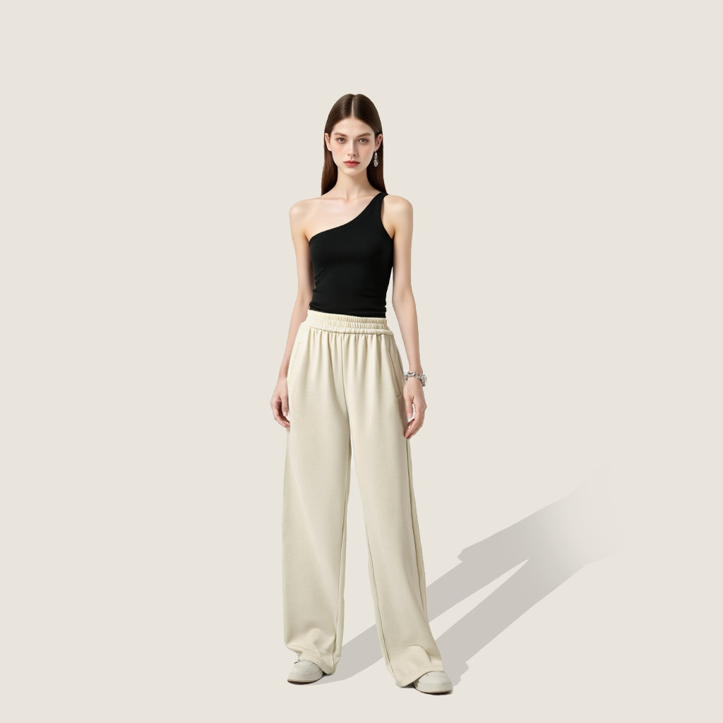 Women's Plain High Waist Wide Leg Trendy Loose Fit Lounge Pants A10333