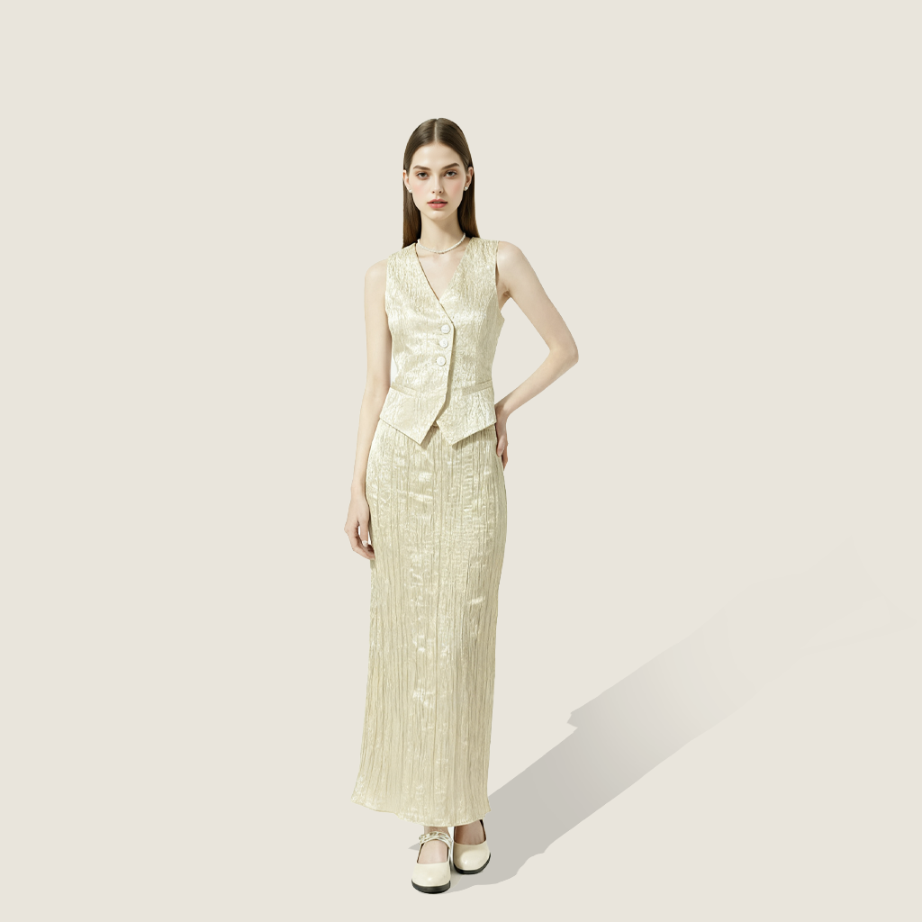 Plissé Gold Vest and Maxi Skirt Set A10439