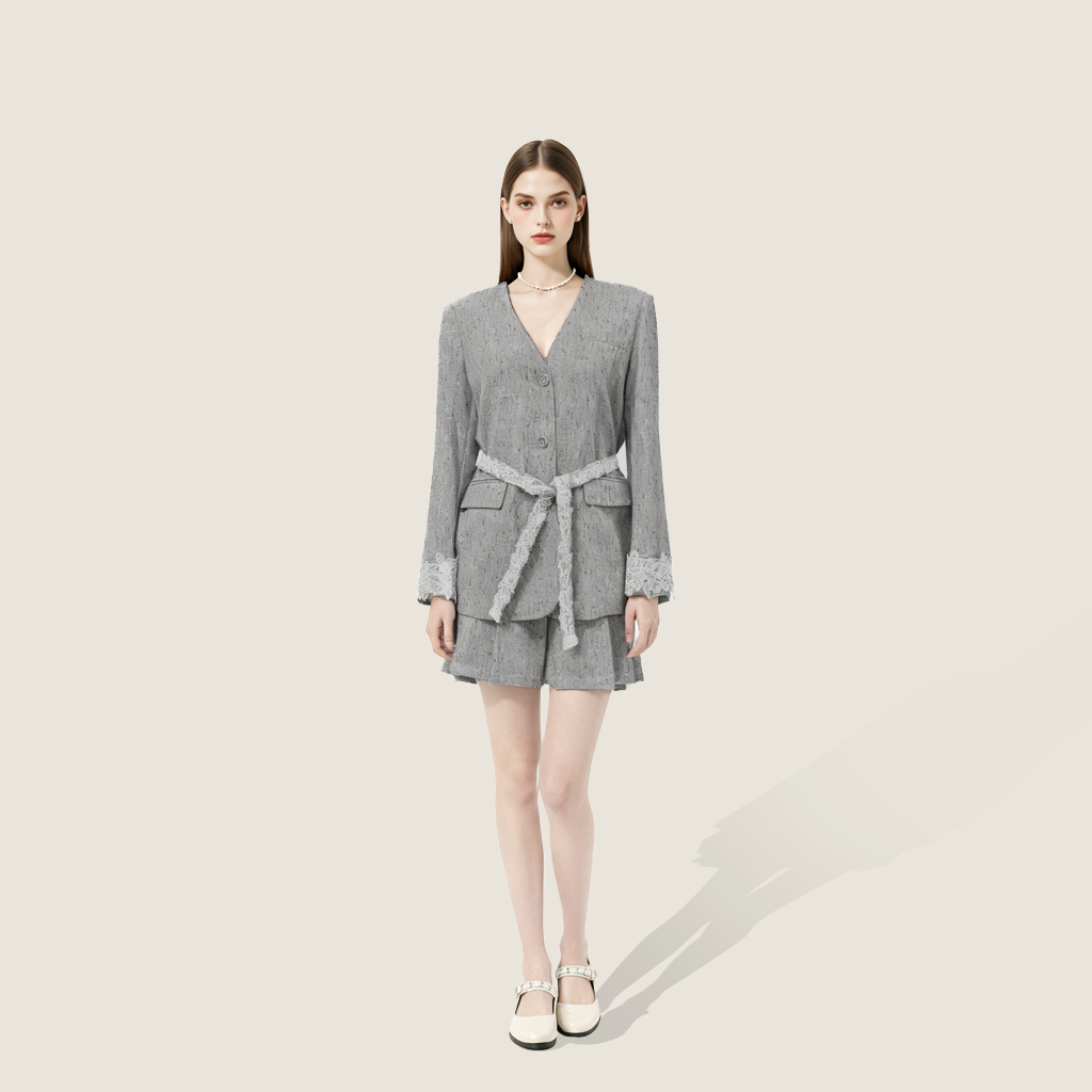 Tweed Jacket with Lace Trim and Mini Skirt - M31N