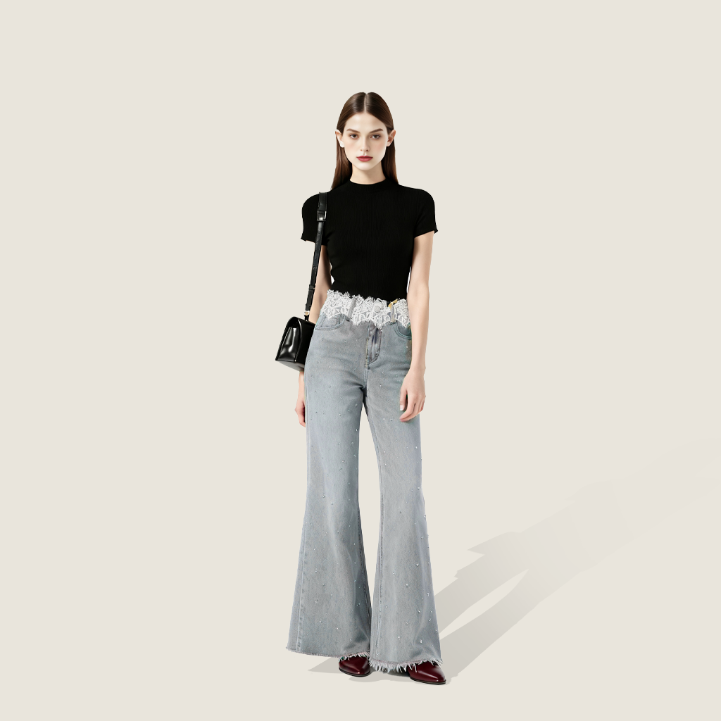 Lace Waistband Flared Jeans A10432