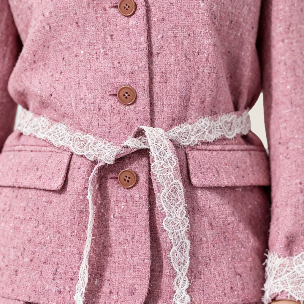 Pink Tweed Jacket with Lace Trim and Mini Skirt A10409