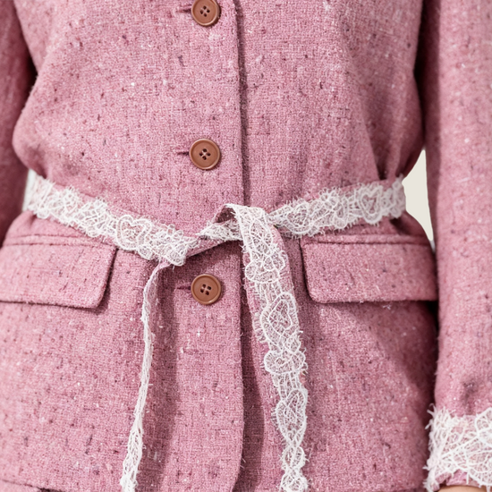 Pink Tweed Jacket with Lace Trim and Mini Skirt A10409