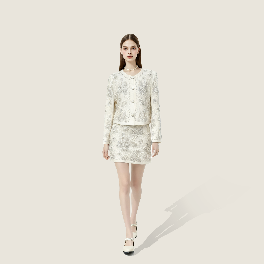Floral Embroidery Jacket and Matching Skirt A10400